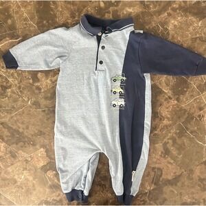 Vintage Baby Healthtex Snap Sleeper Outfit Navy Embroidered with Cars 12 Months